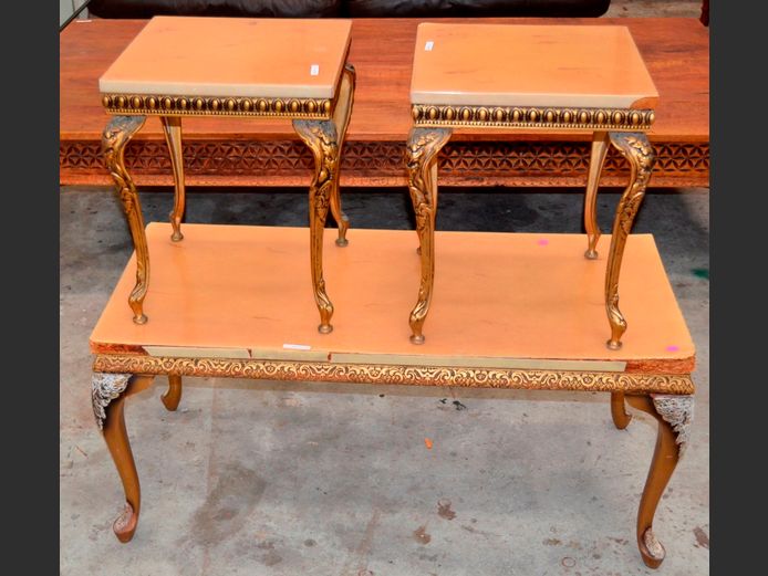 GILT & RESIN COFFEE TABLE, 100 x 46 x 45cm, WITH PAIR MATCHING SIDE TABLES, 36 x 36 x 44cm [Tops need replacing]