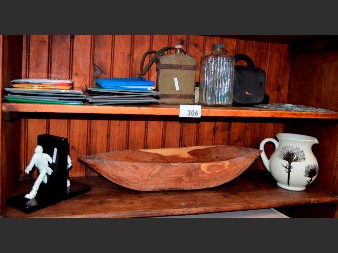 ASSORTED FLAGS, LARGE WOODEN BOWL, BOOKENDS, VINTAGE BOTTLE, JUG, etc [55,71]