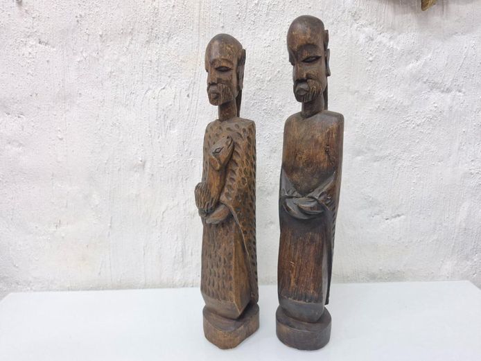 Pair of Hand-Carved Wooden Figures - Elongated Folk Art Sculptures