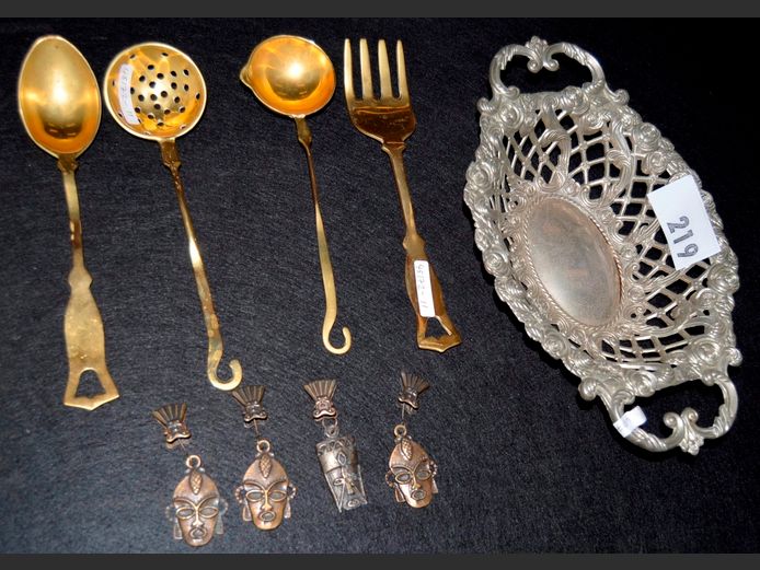 LOT: PEWTER SWEETS BASKET, LARGE BRASS SPOONS, etc