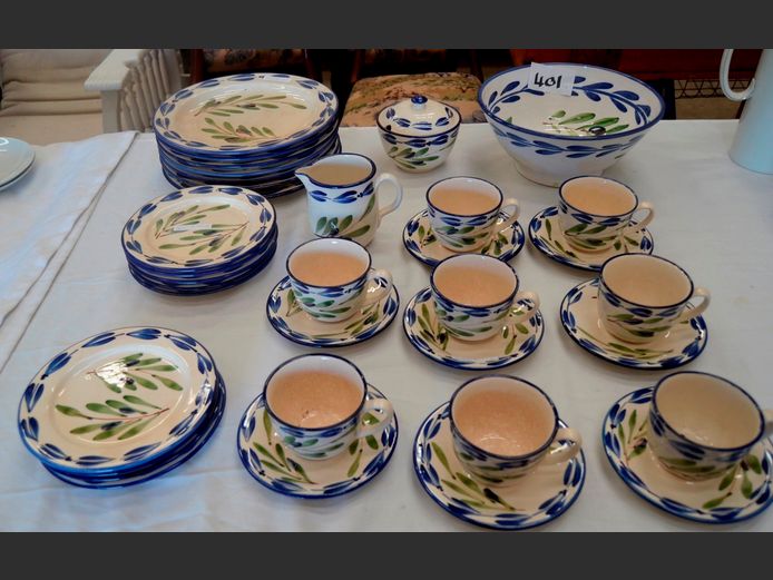 BLUE, WHITE & GREEN HAND PAINTED 36-PIECE PART DINNER SERVICE