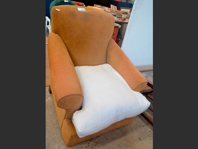 BROWN UPHOLSTERED ARMCHAIR [2 Legs needed & cushion cover needed]