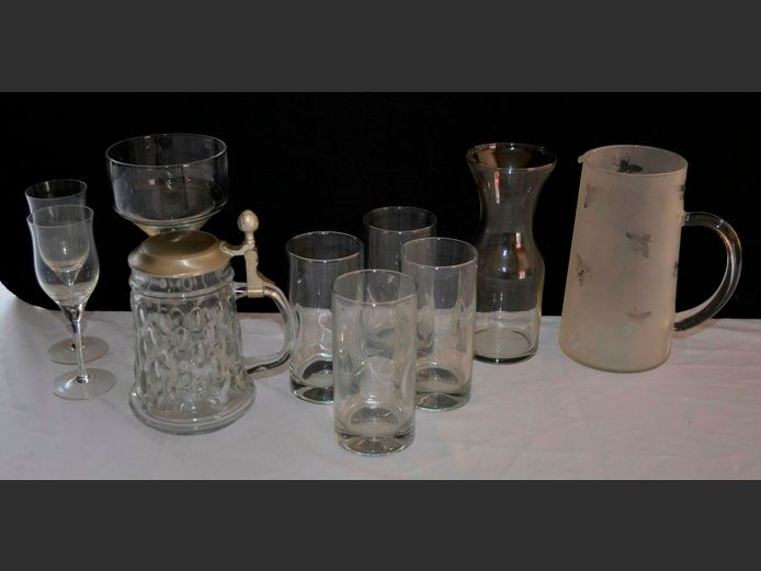 GLASS BEER STEIN WITH PEWTER LID, SET OF 4 HIBALL GLASSES, FROSTED GLASS PITCHER, etc