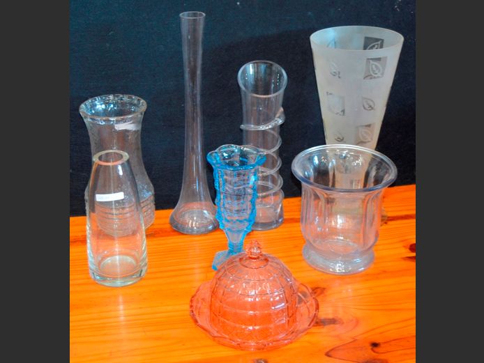 LOT: GLASS VASES, PINK GLASS BUTTER DISH WITH LID, etc