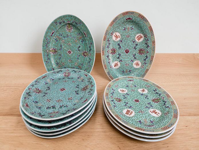 Set of 10 Chinese Famille Rose Mun Shou & Floral Oval Platters