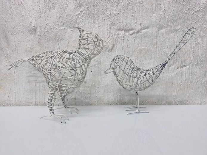 White Woven Wire Bird Sculptures - Vintage Style Garden Art Figurines