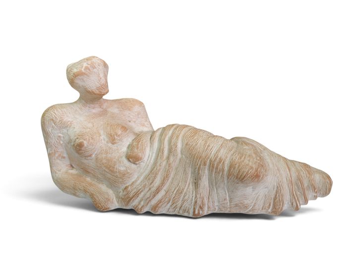Modernist Terracotta Draped Reclining Female Nude Sculpture