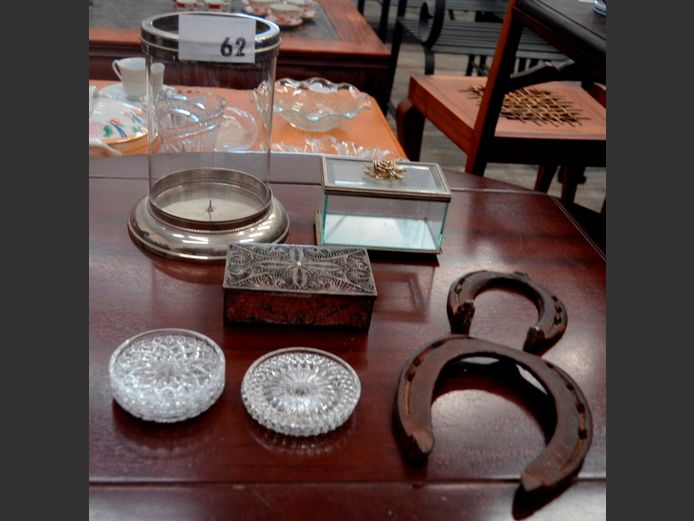 CHROME & GLASS CANDLE STAND, METAL & GLASS JEWELLERY BOXES, etc