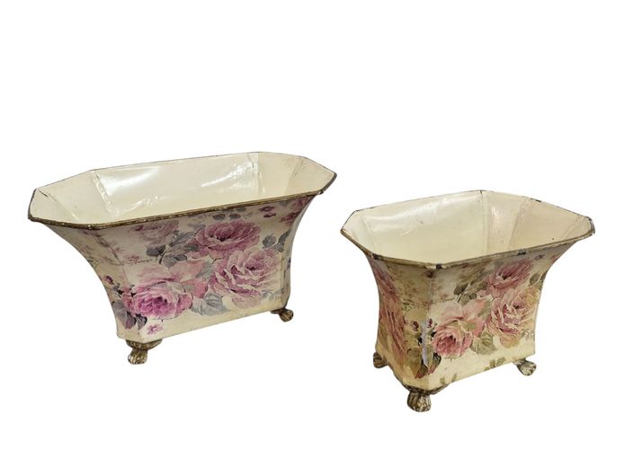 Pair of Vintage-Style Floral Tin Footed Planters