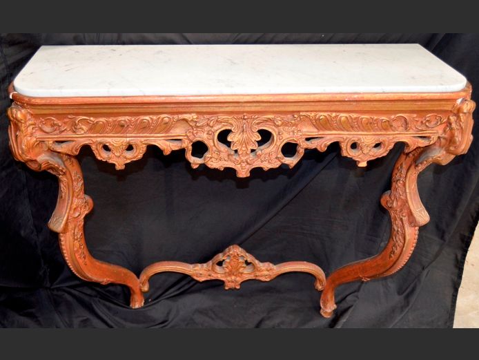 FRENCH GILT HALL TABLE WITH MARBLE TOP, 90 x 32 x 76cm [Base splitting on 1 corner]