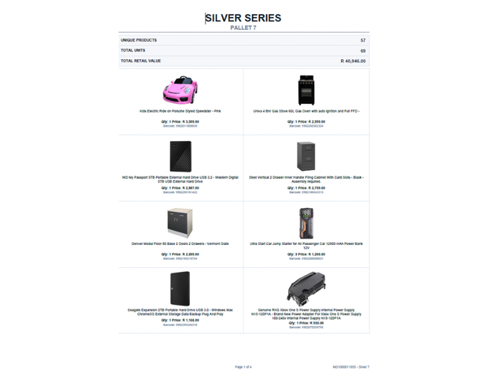 SILVER PALLET OF STOCK (NOT TESTED) TOTAL RETAIL VALUE: R 40,946.00 STC