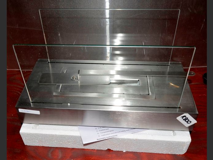 GLASS & STAINLESS STEEL ETHANOL FIREPLACE, 38 x 18 x 21cm