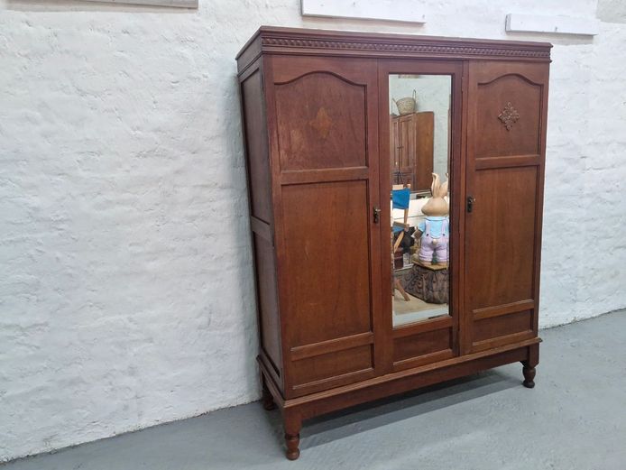Vintage Three-Door Wooden Wardrobe with Central Mirror and Carved Details