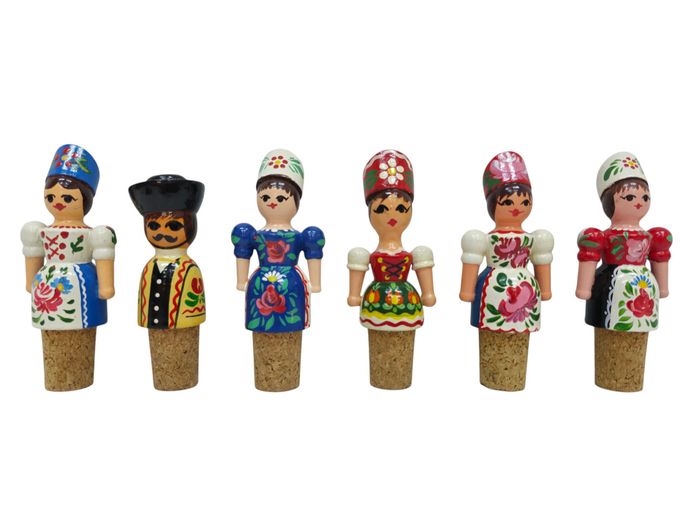 Set of 6 Vintage Hand-Painted Hungarian Folk Art Wooden Bottle Stoppers