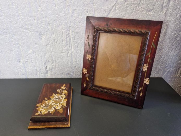 Hand-Painted Floral Wooden Photo Frame and Note Pad Holder Combo