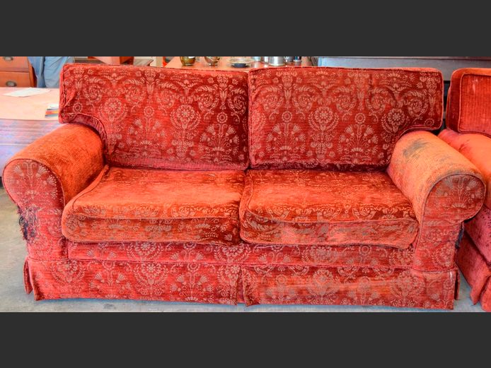 DEEP RED UPHOLSTERED 2-SEATER COUCH, 195 x 100cm [Needs re-covering]