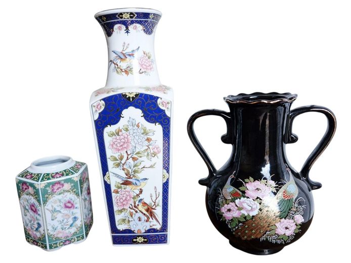 1980's Oriental Peony Flower Porcelain Vases