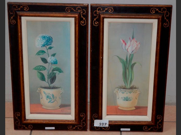 PAIR DARKWOOD FRAMED FLOWER PRINTS, 46.5 x 19.5cm