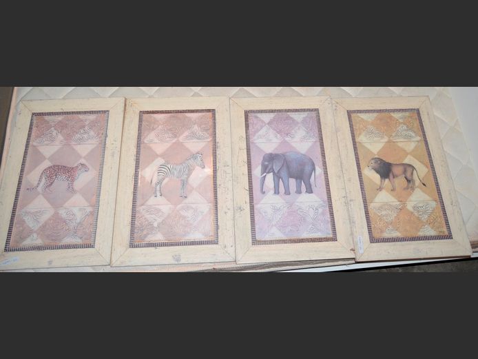 SET OF 4 WHITE FRAMED AFRICAN WILDLIFE PRINTS, 39 x 22cm