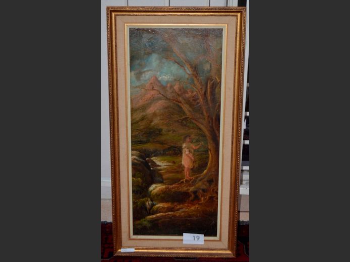 GILT FRAMED OIL ON BOARD "LADY & TREE", 70 x 28cm