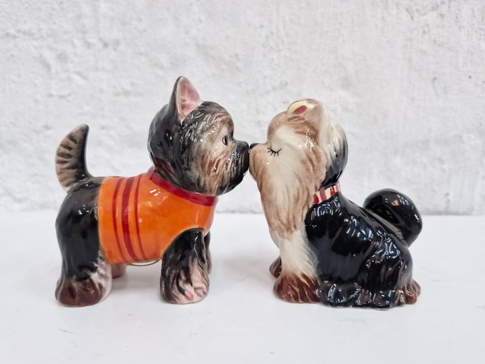 Retro Ceramic Magnetic Kissing Yorkie Puppy Salt and Pepper Shaker Set