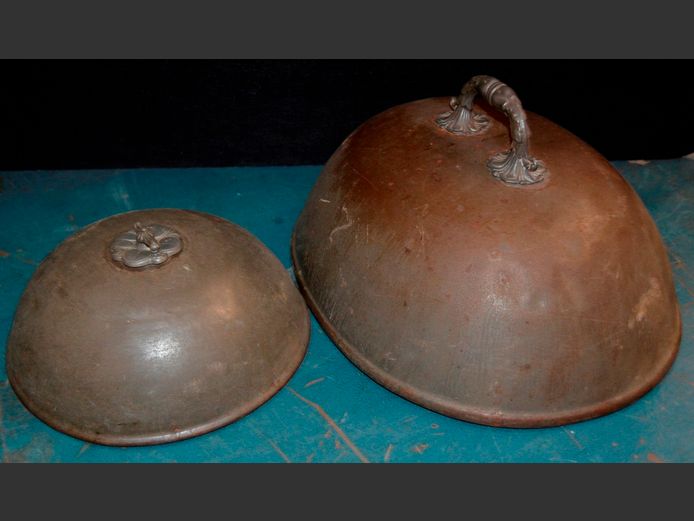 LOT OF 2: VINTAGE METAL CLOCHES, 36cm x 29cm & 23cm Diameter x 10cm High [Have seen action]