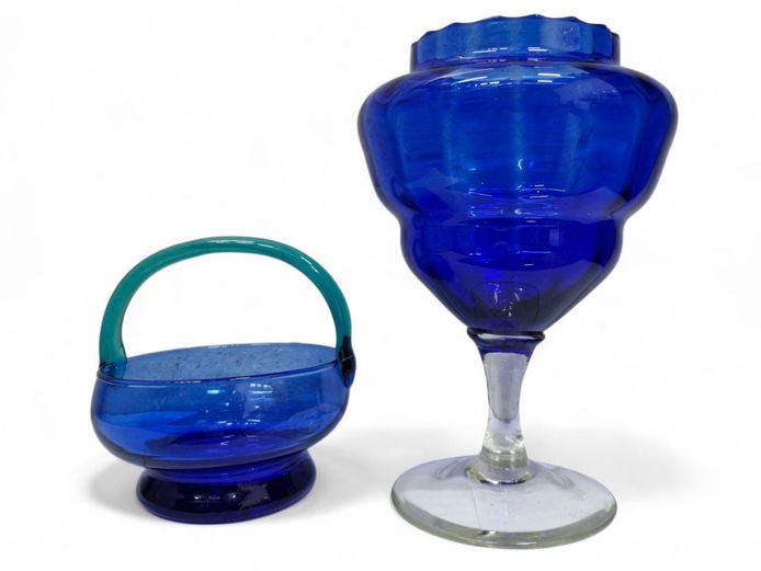 Vintage Empoli Cobalt Blue Goblet Vase & Glass Basket