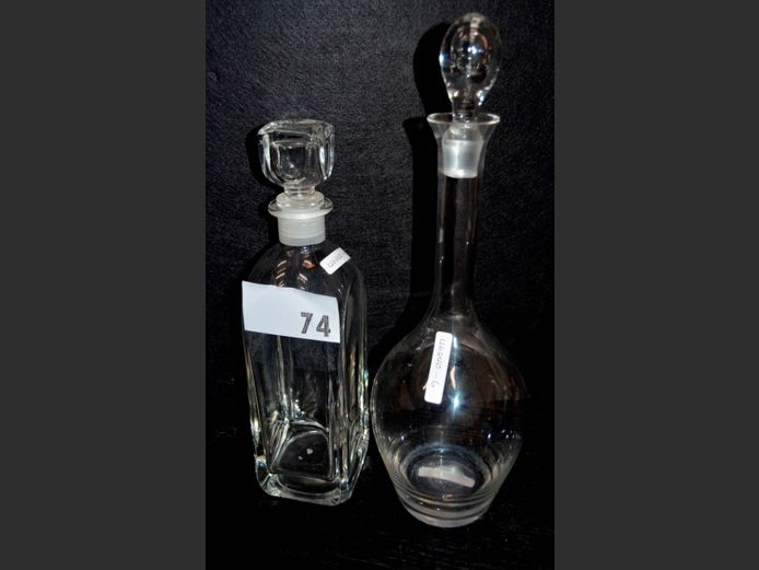 LOT OF 2: GLASS DECANTERS WITH STOPPERS, 36cm & 29cm High