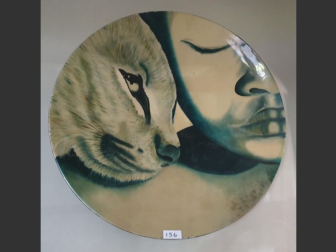 LARGE GLASS FIBRE HAND PAINTED DECORATIVE WALL PLATE "FACES", 100cm Diameter