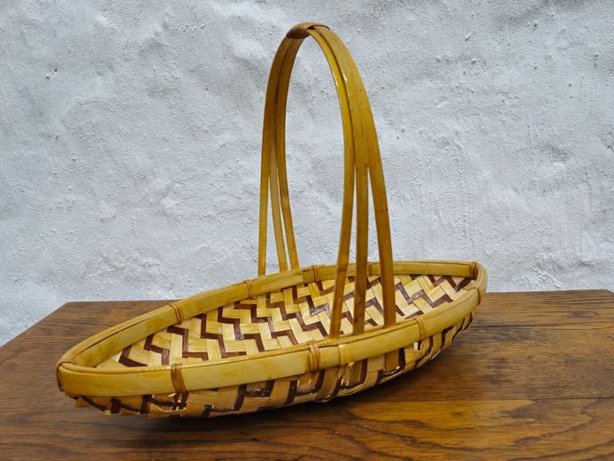 Two-Tone Woven Bamboo Boat Basket with Handle