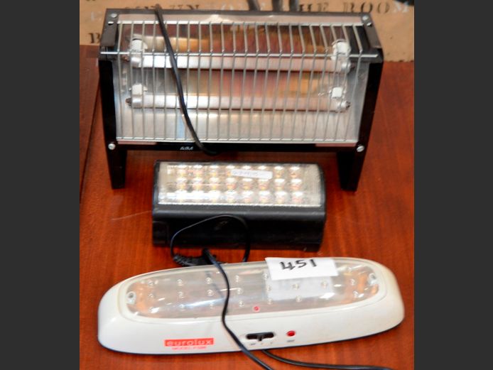 RECHARGEABLE LAMPS & A 2-BAR HEATER [Untested]