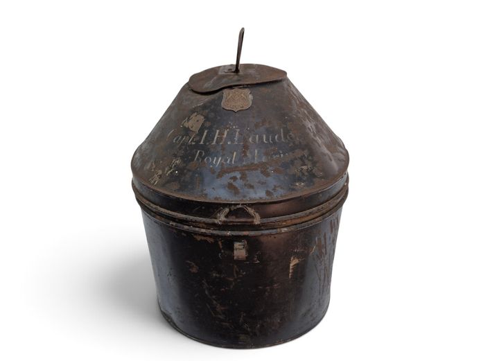 Early 20th C. Gieves Royal Marines Officer's Japanned Tin Bicorne Hat Case (c. 1916–1939)