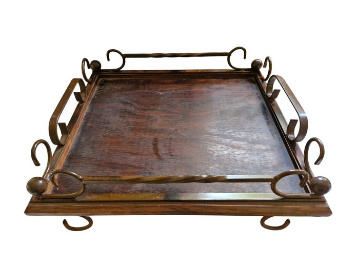 Vintage Curved Metal & Wood Serving Tray