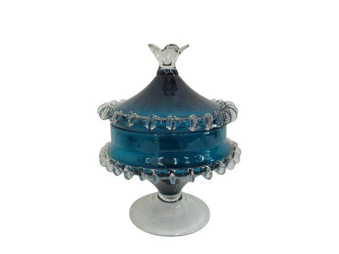 Vintage Blue Glass Pedestal Candy Dish with Lid