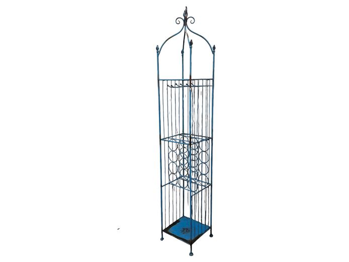 Vintage-Style Blue Wrought Iron Wine & Bar Rack