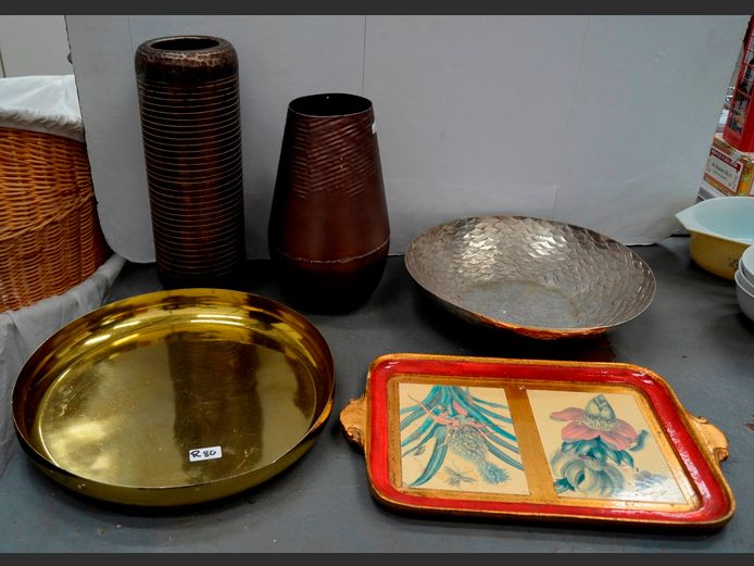 LOT: METAL VASES, METAL TRAY, METAL BOWL, etc