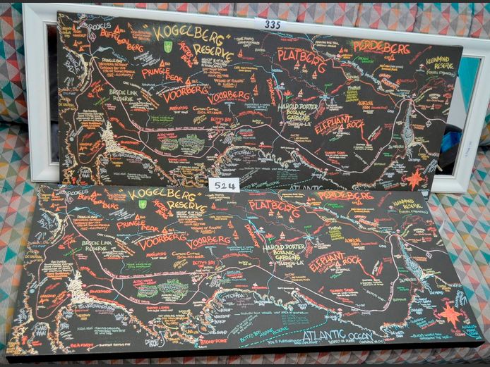 PAIR UNFRAMED MAPS ON CANVAS, 88.5 x 37cm