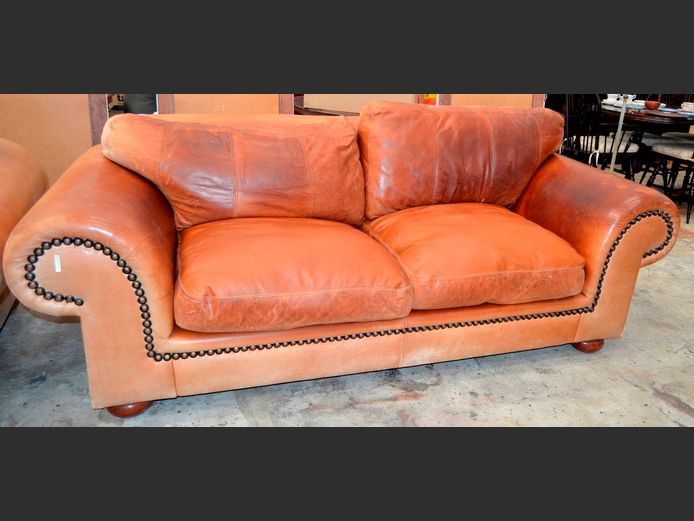 TAN LEATHER 2-SEATER COUCH, 230 x 100cm [Faded, needs a polish]