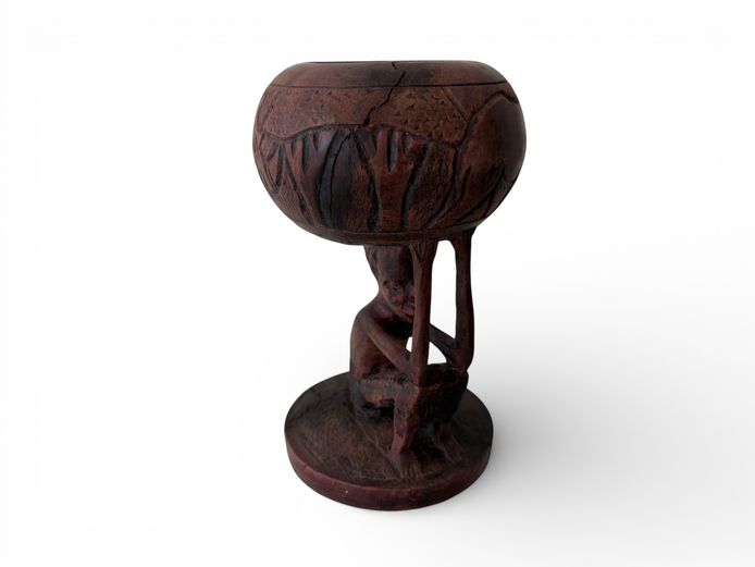 Hand-Carved African Wooden Vessel with Figural Base