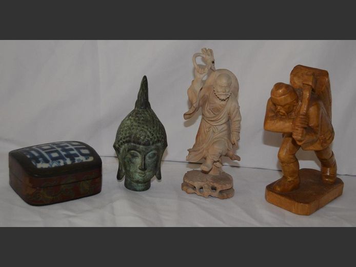 CAST BRONZE BUDDHA BUST, 2 x CARVED FIGURINES, etc