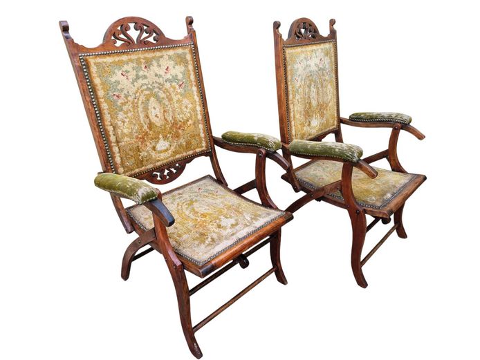 c1880 Eastlake Victorian Campaign Folding Arm Chairs