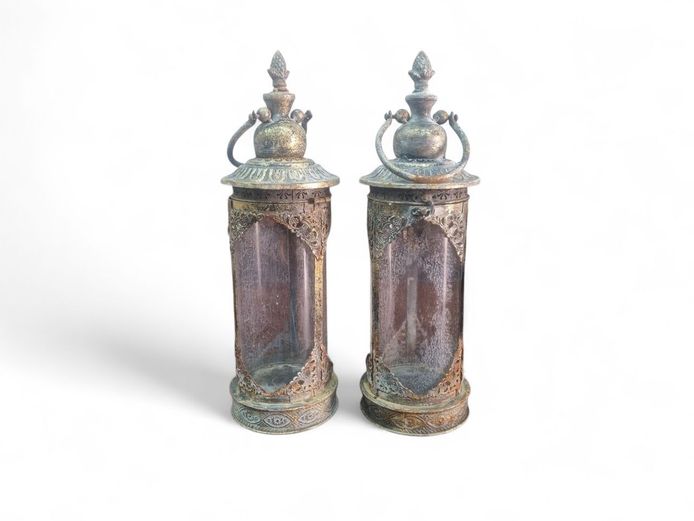 Pair of Rustic Distressed Metal & Glass Lanterns