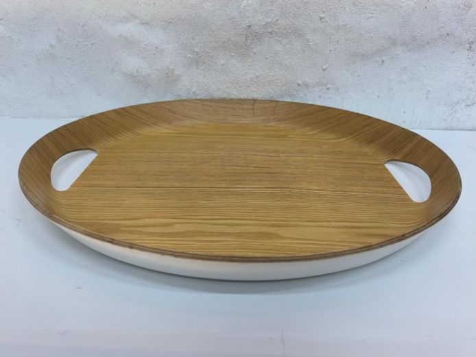 Mid-Century Style Oval Wood Grain Serving Tray with Cutout Handles