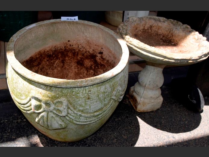 CONCRETE BIRD BATH & A WHITE PLANT POT, 42cm Diameter x 38cm High & 38cm Diameter x 40cm High