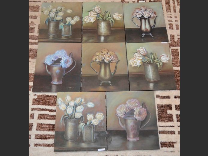 SET OF 8 UNFRAMED OILS ON CANVAS "FLOWERS IN VASES", 38 x 33cm
