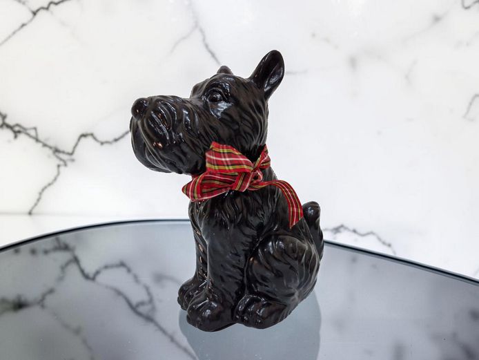 Vintage Black Ceramic Scottish Terrier Figurine with Tartan Ribbon