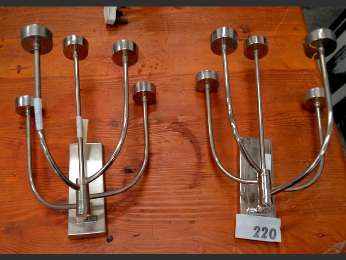 PAIR CHROME 5-ARM WALL MOUNT CANDELABRAS, 33cm High