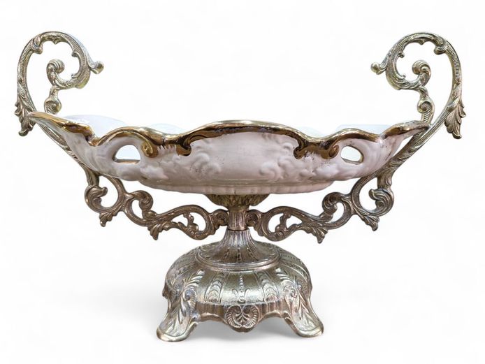 Antique Ornate Gold Metal & Porcelain Pedestal Centerpiece