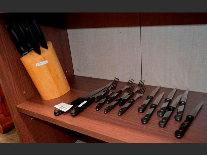 KNIFE BLOCK WITH KNIVES, FORKS, etc