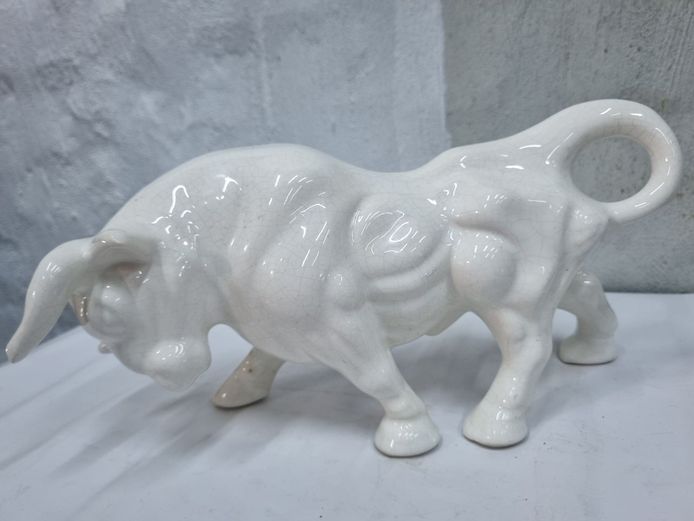 Vintage White Ceramic Charging Bull Figurine